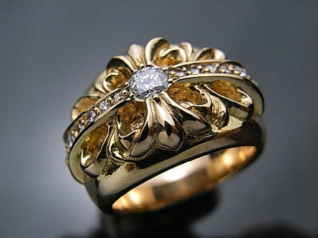 フローラルクロスリング22K、ダイヤパヴェカスタム～