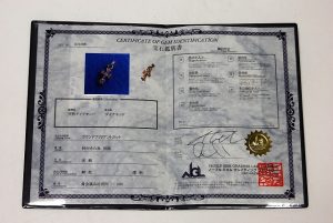 ダイヤを証明する宝石鑑別書です。