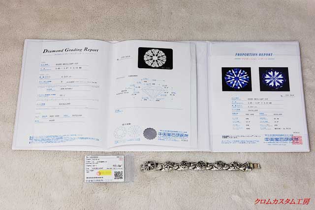 ダイヤモンドのクラスを証明する、宝石鑑定書です。 0.210カラット、Hカラー、VSクラリティ、EXカット、ハート＆キューピット と記載されています。